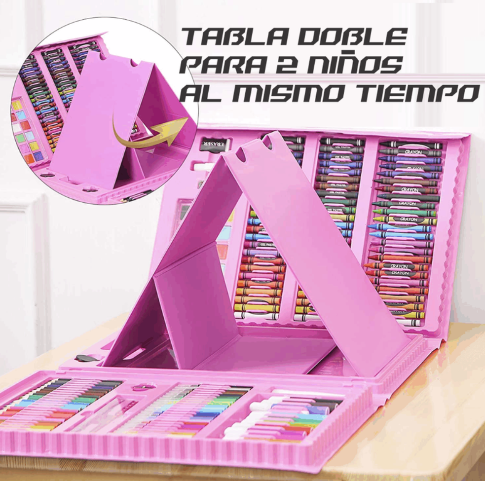 Set De Arte Niños Maleta 208 Piezas Crayon Acuarela Plumon rosa