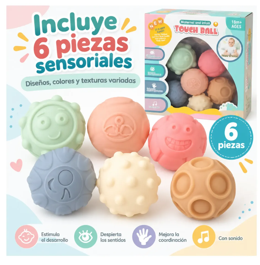 Set 6 Pelotas Sensoriales Bebé Texturas Silbido 18m+