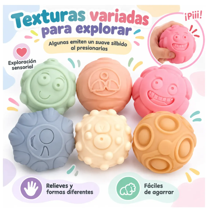 Set 6 Pelotas Sensoriales Bebé Texturas Silbido 18m+