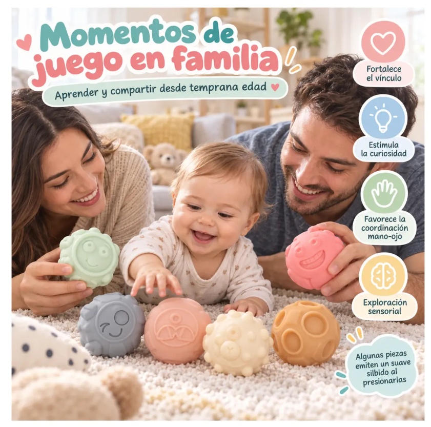 Set 6 Pelotas Sensoriales Bebé Texturas Silbido 18m+