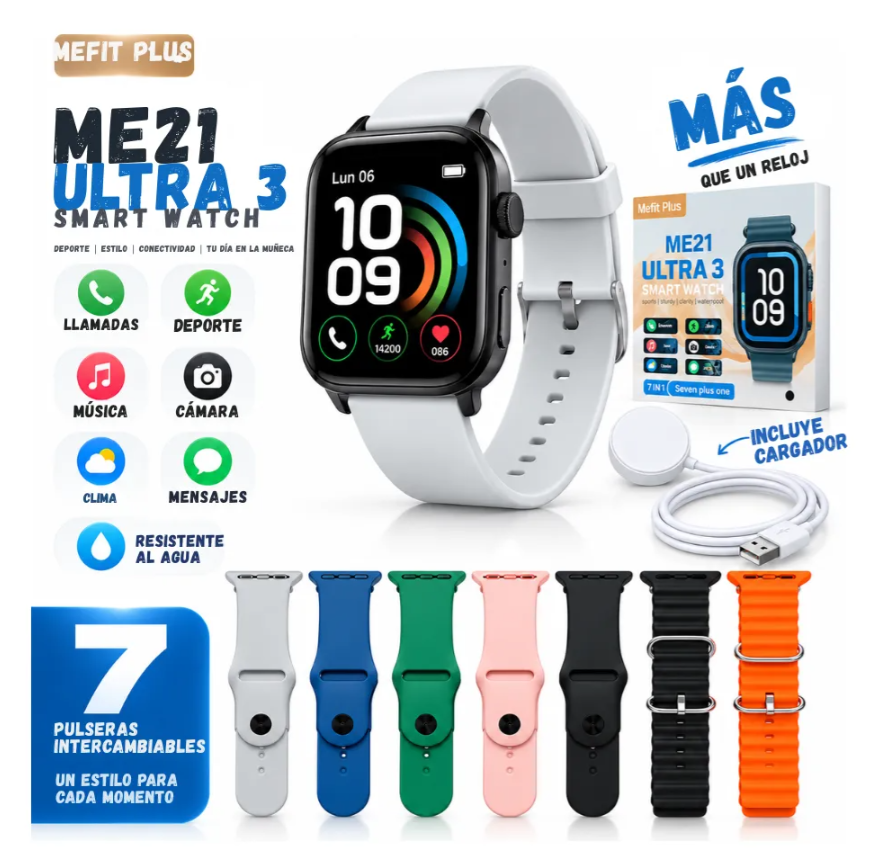 Reloj inteligente smartwatch ultra 3 7 en 1 pulsos intercambiables