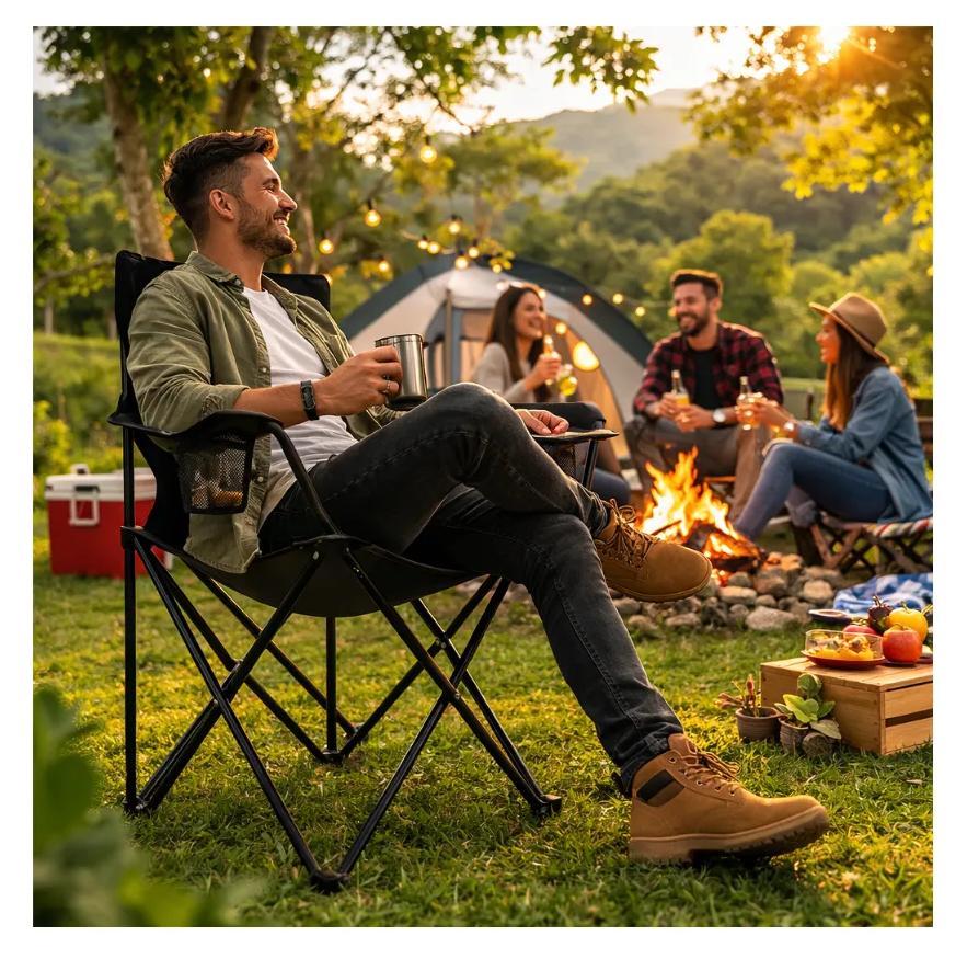 Silla Plegable de Camping Reforzada con Portavasos y Bolsa de Transporte