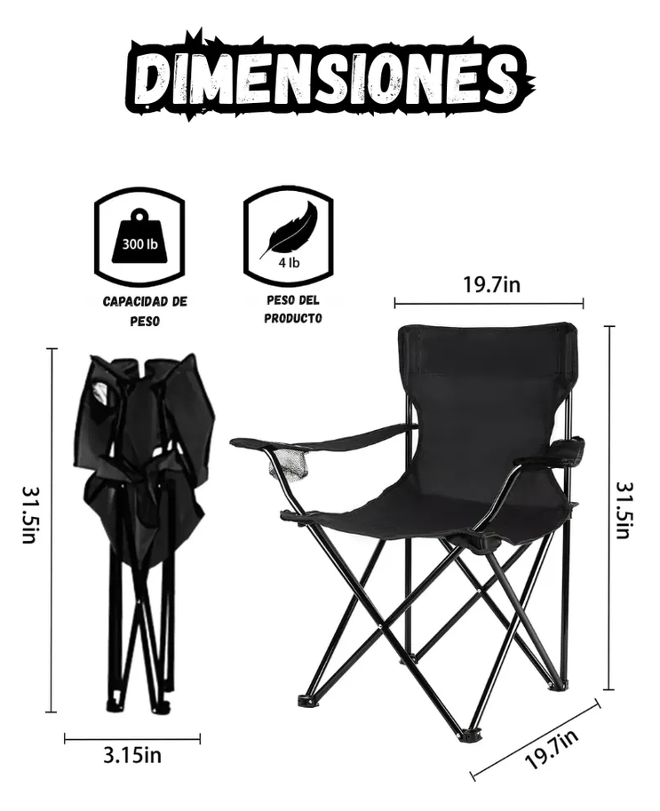 Silla Plegable de Camping Reforzada con Portavasos y Bolsa de Transporte