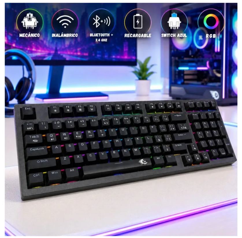 Teclado mecanico inalambrico gamer iluminacion rgb