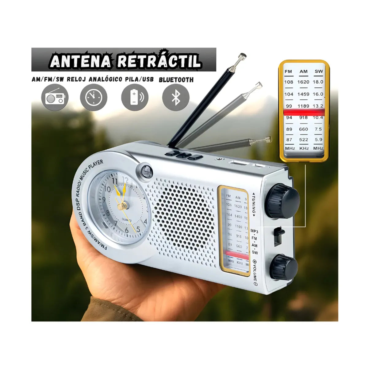 Radio Con Reloj Meimer Emisoras y Bluetooth Recargable M - 572